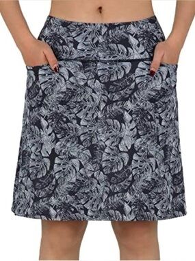 Beroy A-Line 20” Long Skort Pockets Black Palm Leaf Print Size Large